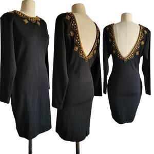 Vtg CDC Black Beaded Low Back Acrylic/Wool Wiggle Dress M
